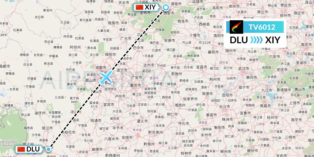 TV6012 Tibet Airlines Flight Map: Dali to Xi'an