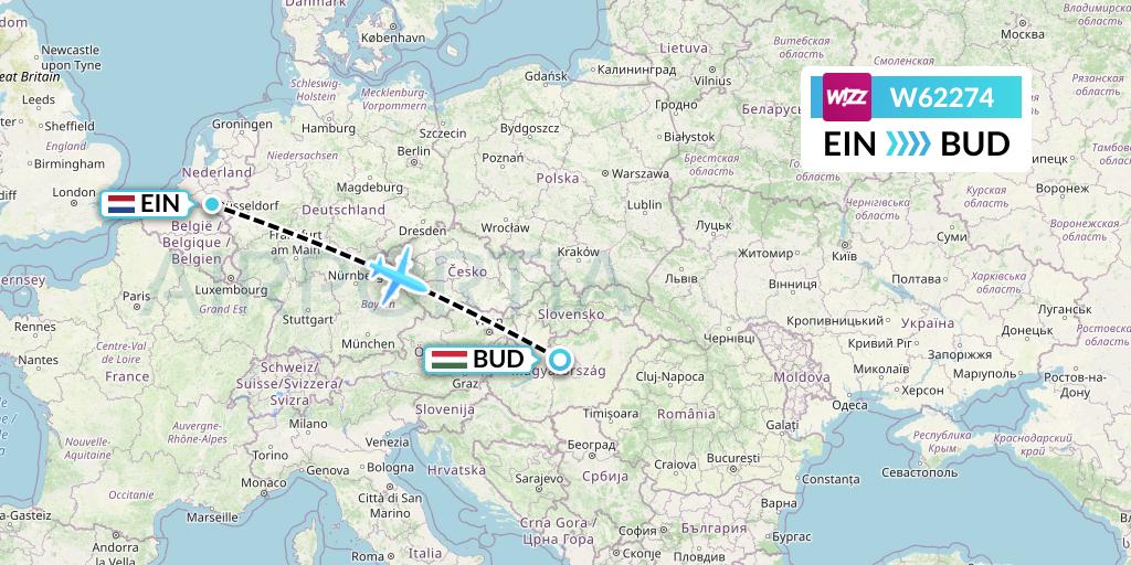 W62274 Wizz Air Flight Map: Eindhoven to Budapest
