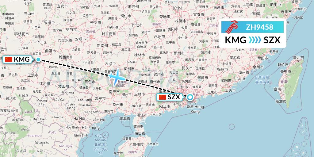 ZH9458 Shenzhen Airlines Flight Map: Kunming to Shenzhen