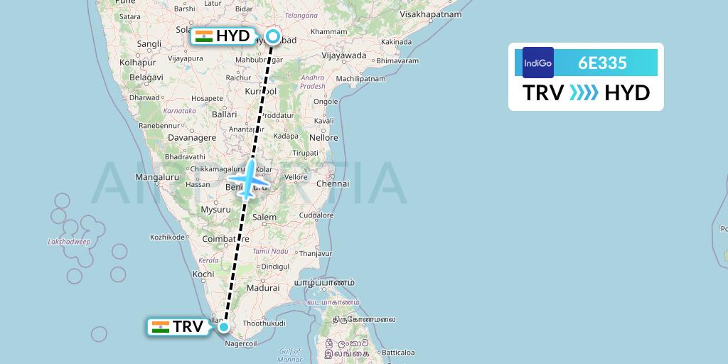 6E335 IndiGo Airlines Flight Map: Thiruvananthapuram to Hyderabad