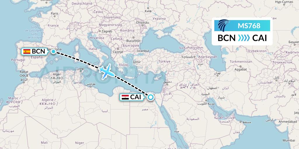 MS768 EgyptAir Flight Map: Barcelona to Cairo
