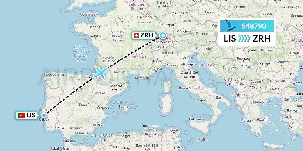 S48790 Azores Airlines Flight Map: Lisbon to Zurich
