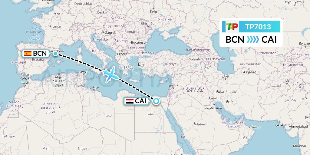 TP7013 TAP Portugal Flight Map: Barcelona to Cairo
