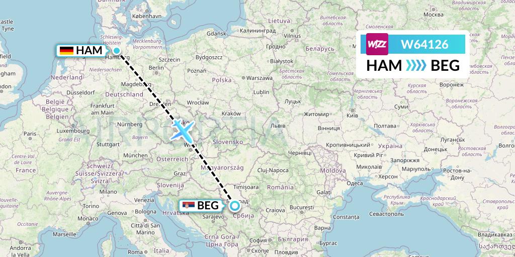 W64126 Wizz Air Flight Map: Hamburg to Belgrade