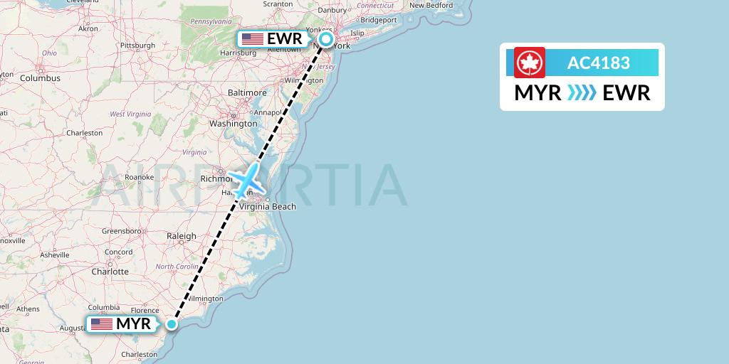 AC4183 Air Canada Flight Map: Myrtle Beach to New York
