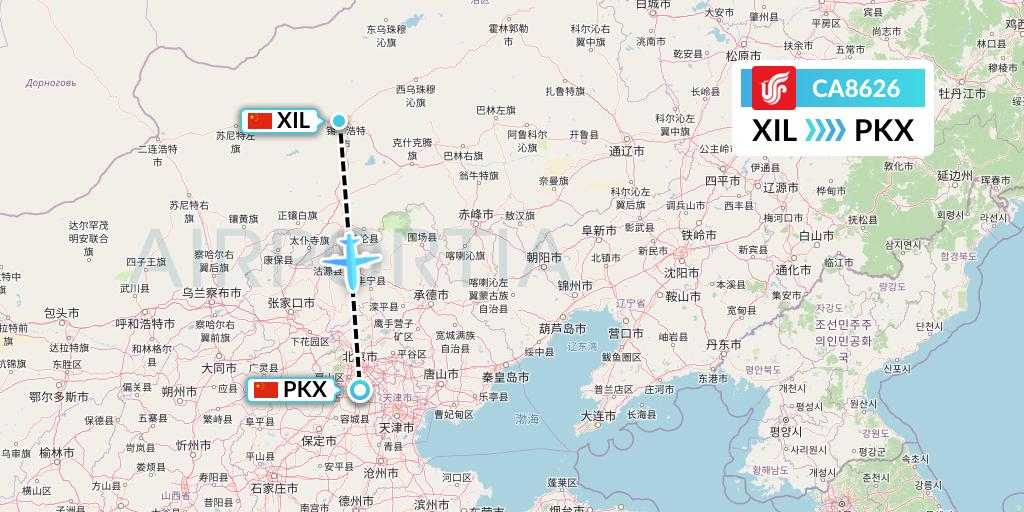 CA8626 Air China Flight Map: Xilinhot to Beijing