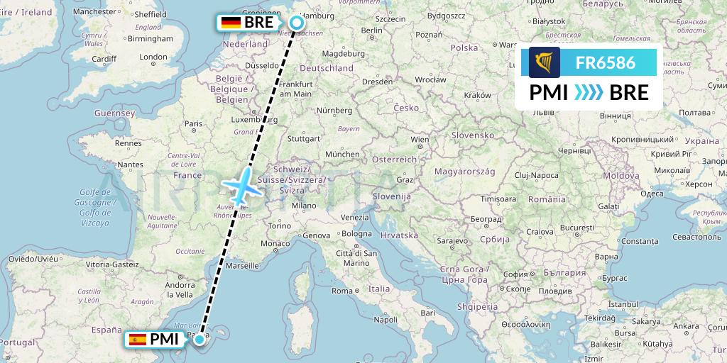 FR6586 Ryanair Flight Map: Palma de Mallorca to Bremen