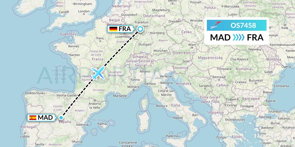 OS7458 Austrian Airlines Flight Map: Madrid to Frankfurt
