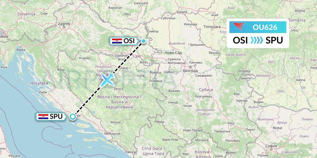 OU626 Croatia Airlines Flight Map: Osijek to Split