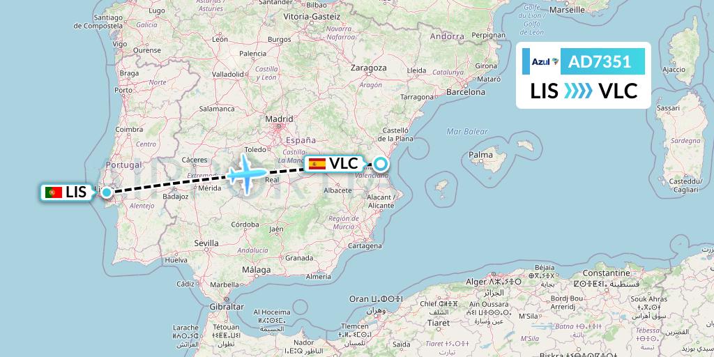 AD7351 Azul Brazilian Airlines Flight Map: Lisbon to Valencia