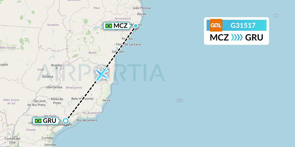 G31517 GOL Transportes Aeros Flight Map: Maceio to Sao Paulo