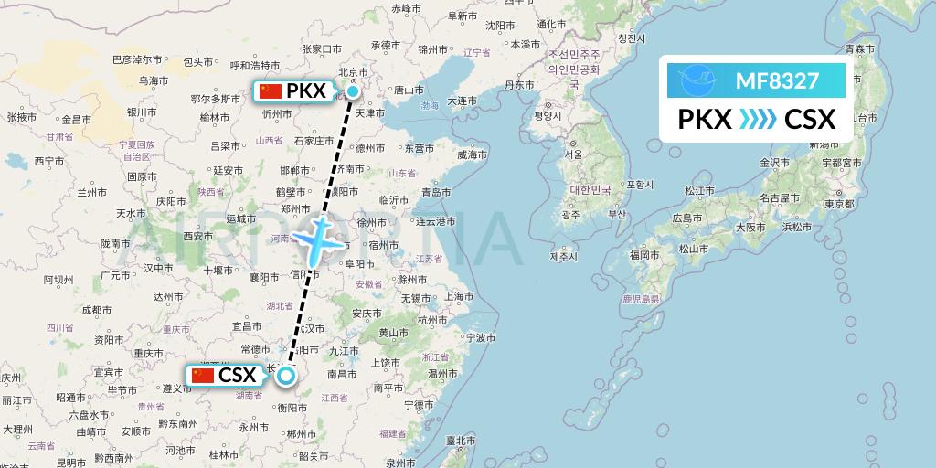 MF8327 Xiamen Airlines Flight Map: Beijing to Changsha