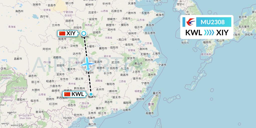 MU2308 China Eastern Airlines Flight Map: Guilin to Xi'an