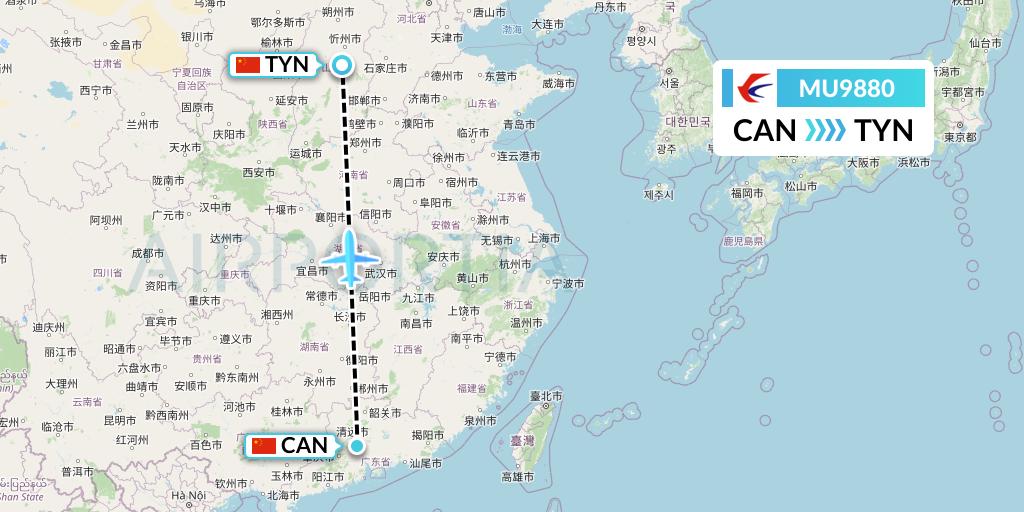 MU9880 China Eastern Airlines Flight Map: Guangzhou to Taiyuan