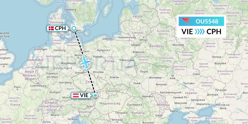 OU5548 Croatia Airlines Flight Map: Vienna to Copenhagen