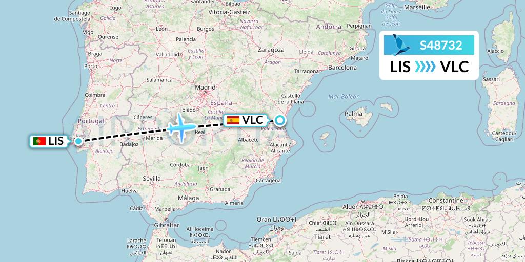 S48732 Azores Airlines Flight Map: Lisbon to Valencia