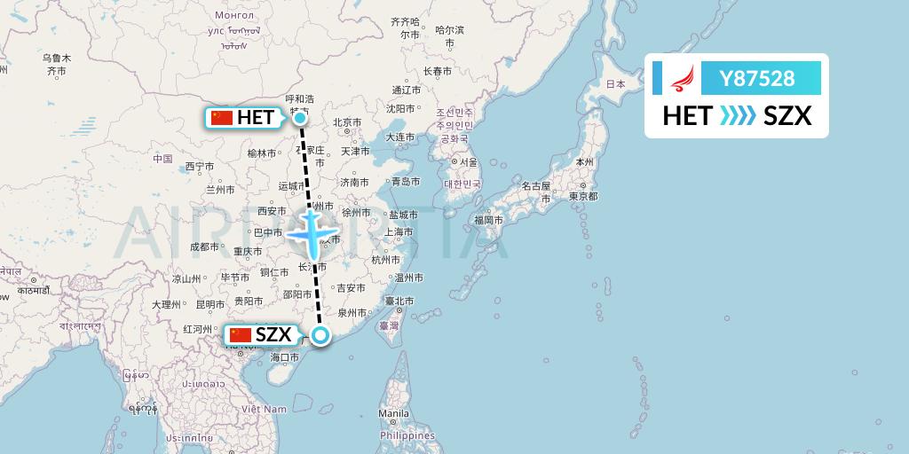 Y87528 Yangtze River Express Flight Map: Hohhot to Shenzhen