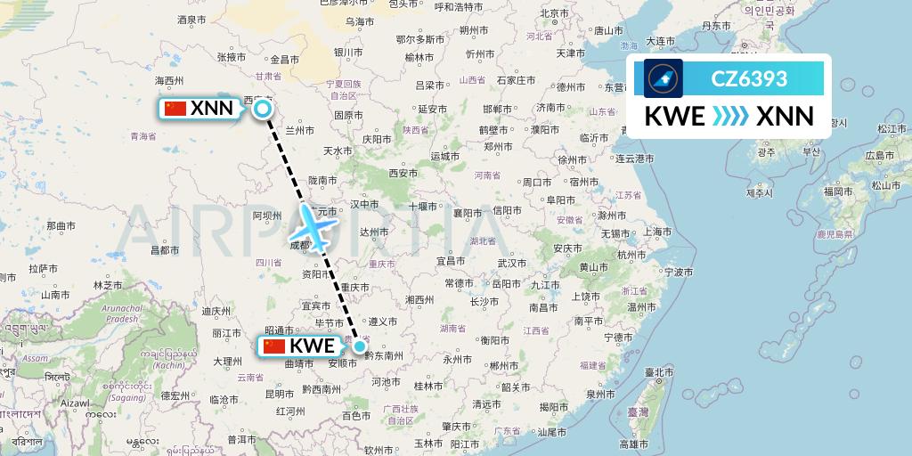 CZ6393 China Southern Airlines Flight Map: Guiyang to Xining