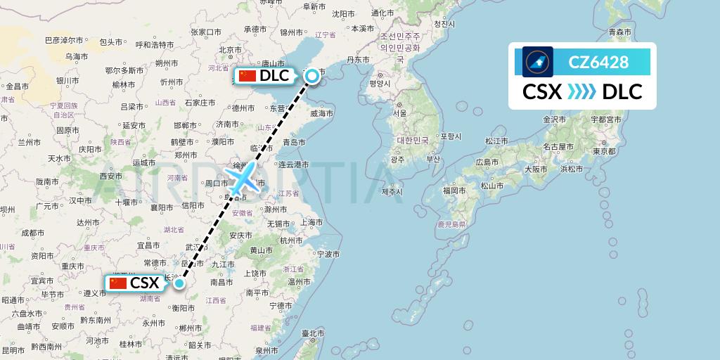 CZ6428 China Southern Airlines Flight Map: Changsha to Dalian