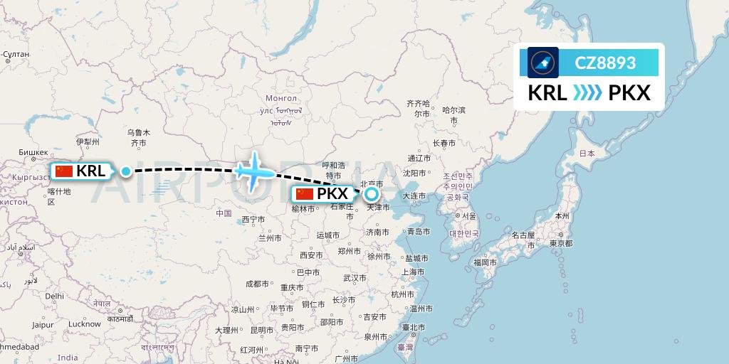 CZ8893 China Southern Airlines Flight Map: Korla to Beijing