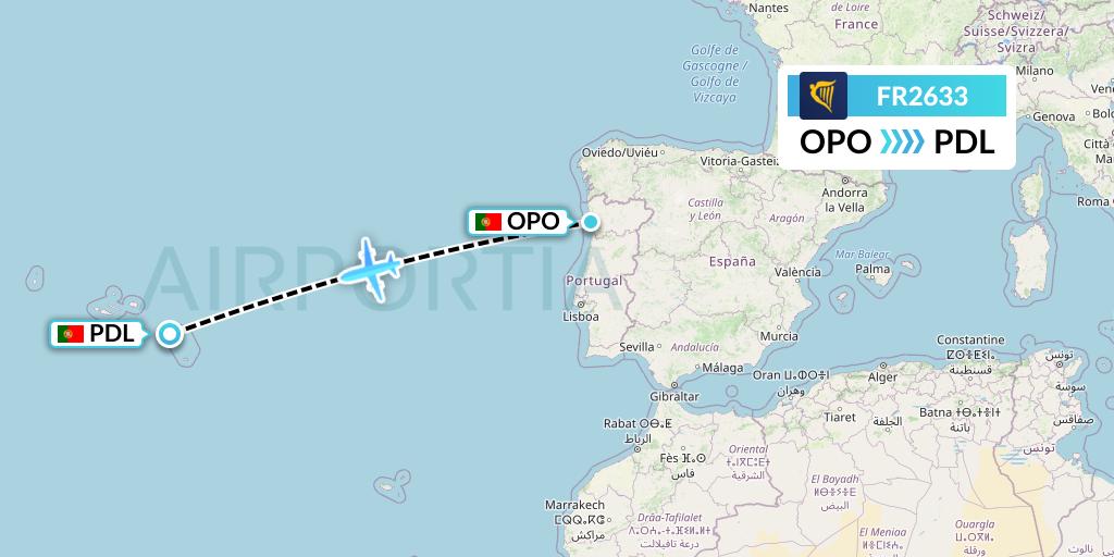 FR2633 Ryanair Flight Map: Porto to Ponta Delgada