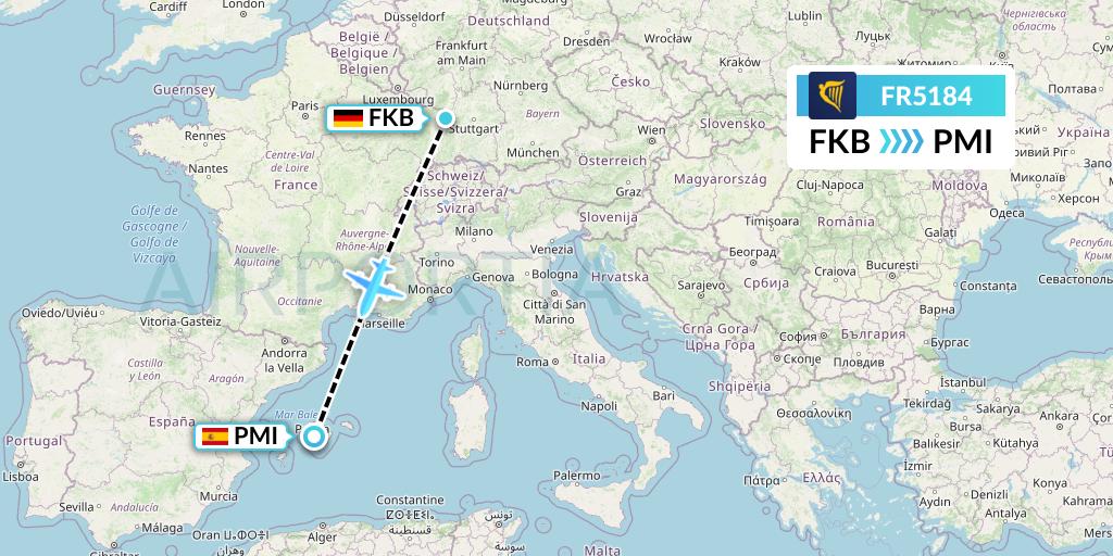 FR5184 Ryanair Flight Map: Karlsruhe/Baden-Baden to Palma de Mallorca