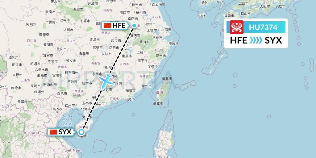 HU7374 Hainan Airlines Flight Map: Hefei to Sanya