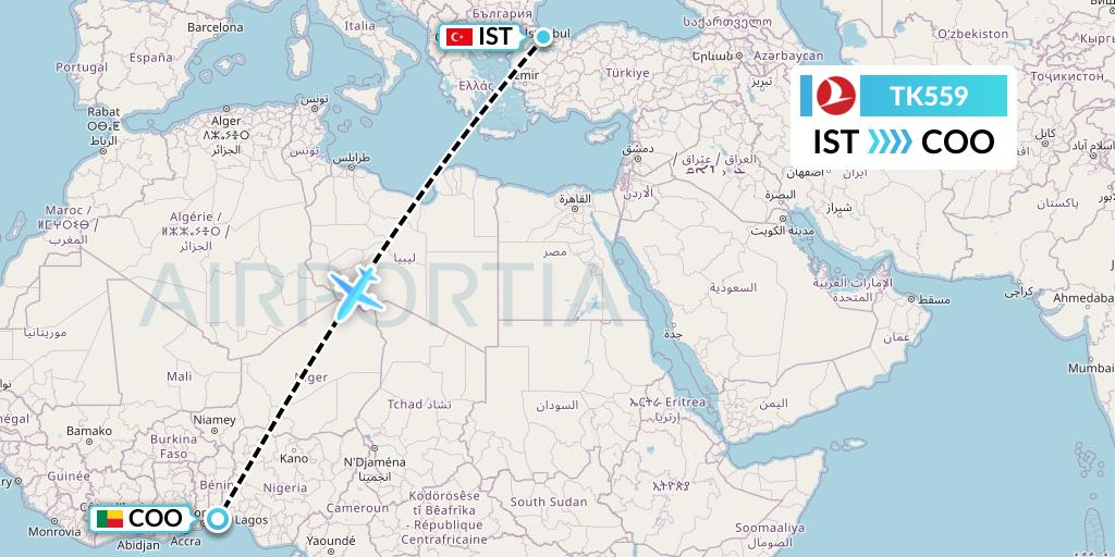 TK559 Turkish Airlines Flight Map: Istanbul to Cotonou