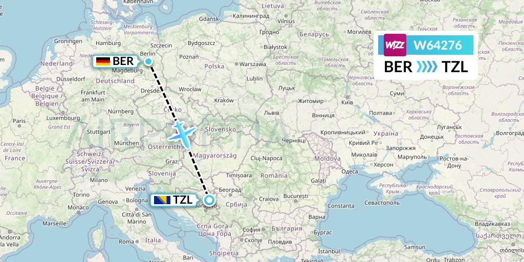 W64276 Wizz Air Flight Map: Berlin to Tuzla
