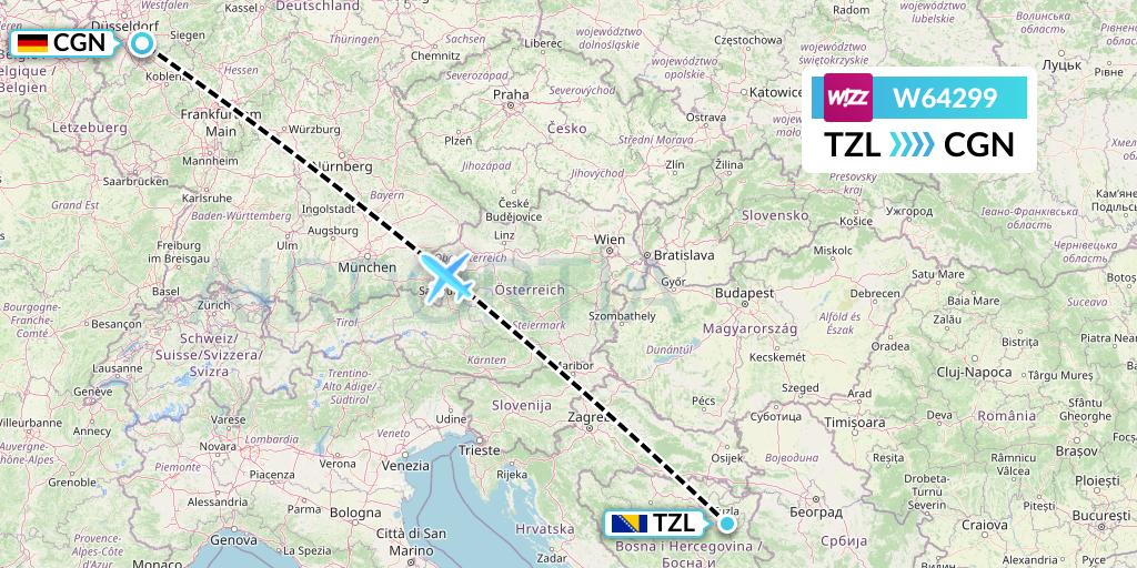 W64299 Wizz Air Flight Map: Tuzla to Cologne