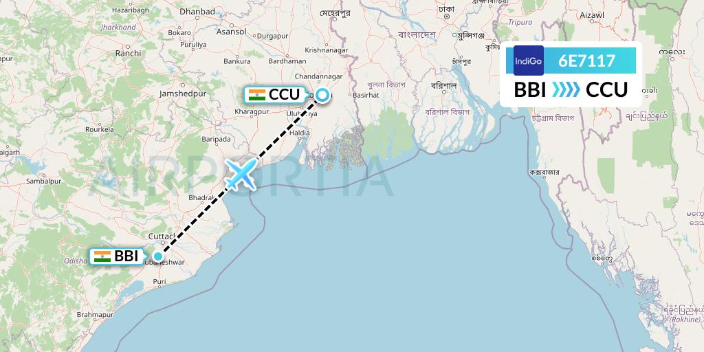 6E7117 IndiGo Airlines Flight Map: Bhubaneswar to Kolkata