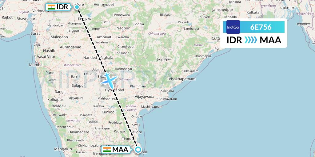 6E756 IndiGo Airlines Flight Map: Indore to Chennai