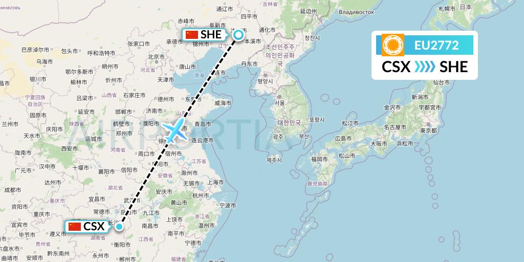 EU2772 Chengdu Airlines Flight Map: Changsha to Shenyang