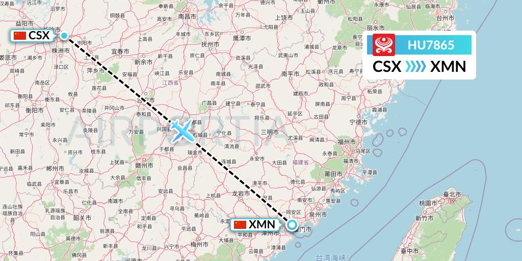 HU7865 Hainan Airlines Flight Map: Changsha to Xiamen