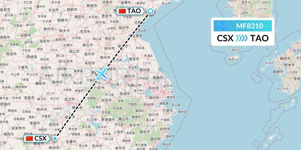 MF8310 Xiamen Airlines Flight Map: Changsha to Qingdao