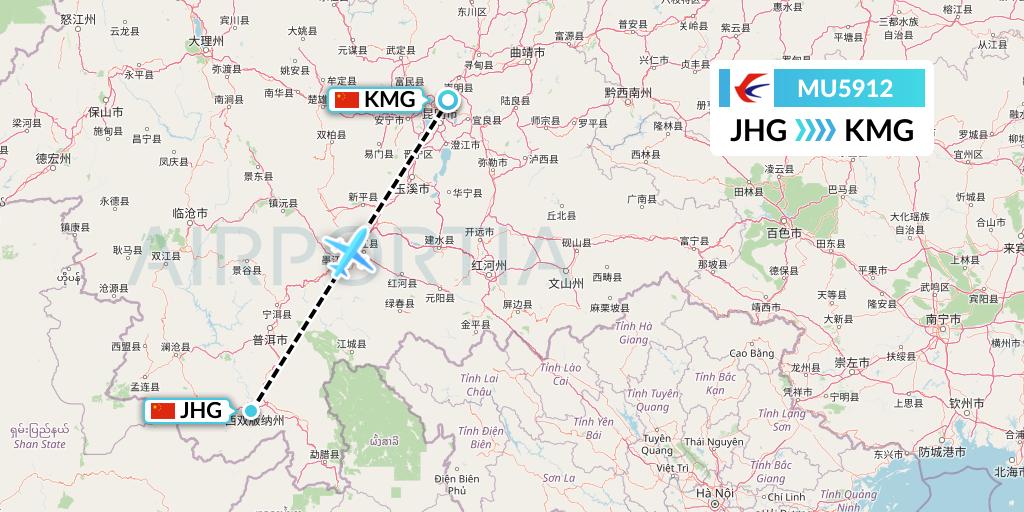 MU5912 China Eastern Airlines Flight Map: Jinghong to Kunming