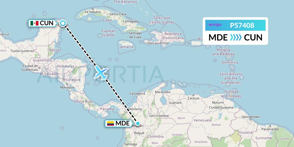 P57408 Copa Airlines Colombia Flight Map: Medellin to Cancun
