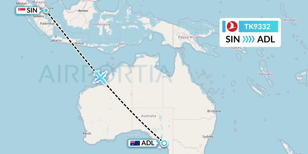 TK9332 Turkish Airlines Flight Map: Singapore to Adelaide