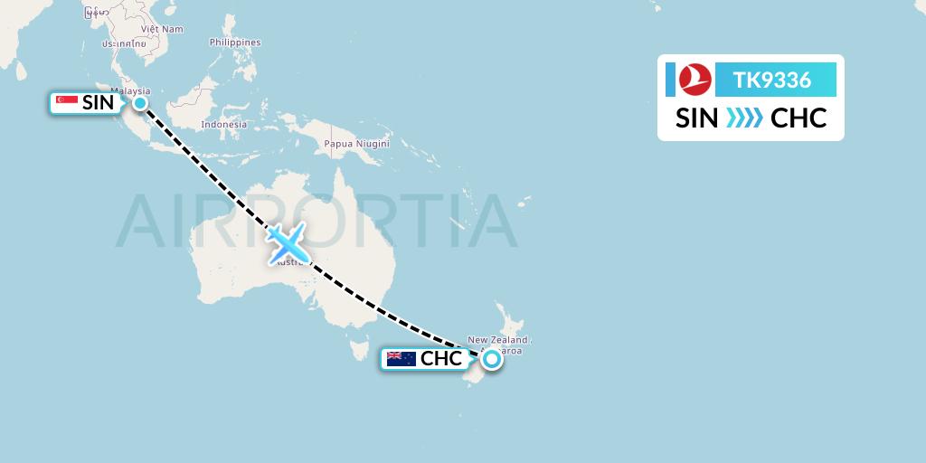 TK9336 Turkish Airlines Flight Map: Singapore to Christchurch