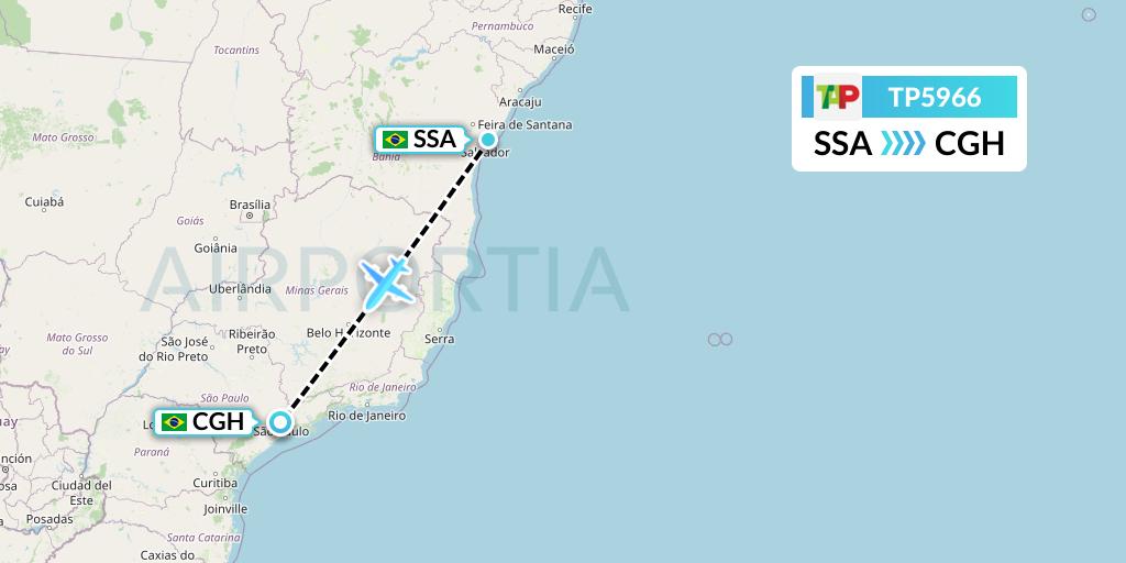 TP5966 TAP Portugal Flight Map: Salvador to Sao Paulo