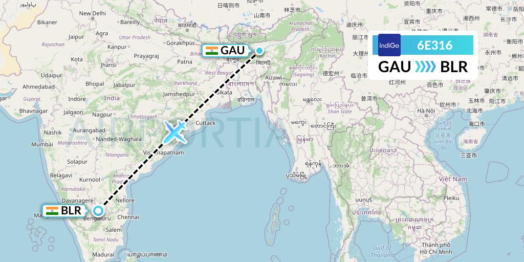 6E316 IndiGo Airlines Flight Map: Guwahati to Bangalore