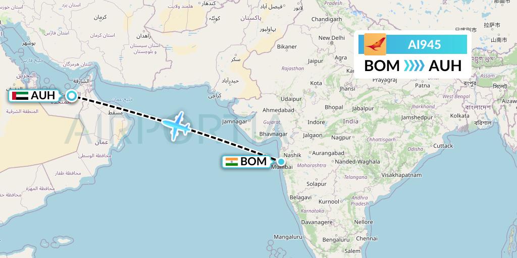 AI945 Air India Flight Map: Mumbai to Abu Dhabi