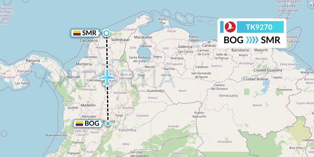 TK9270 Turkish Airlines Flight Map: Bogota to Santa Marta