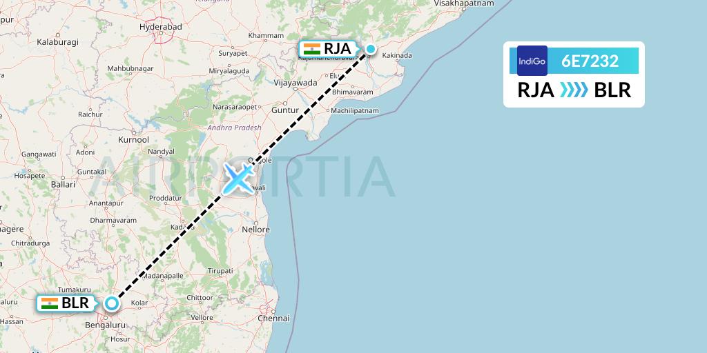 6E7232 IndiGo Airlines Flight Map: Rajahmundry to Bangalore