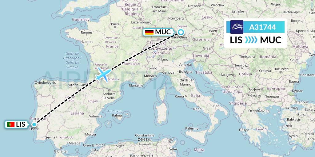 A31744 Aegean Airlines Flight Map: Lisbon to Munich