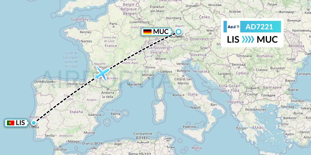 AD7221 Azul Brazilian Airlines Flight Map: Lisbon to Munich