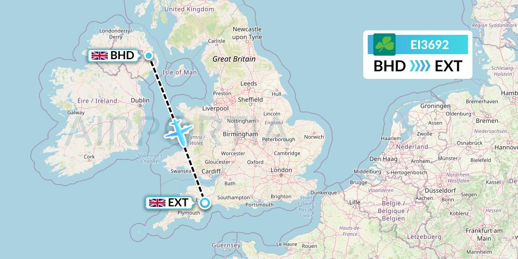 EI3692 Aer Lingus Flight Map: Belfast to Exeter