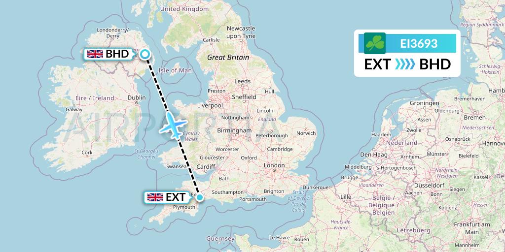 EI3693 Aer Lingus Flight Map: Exeter to Belfast