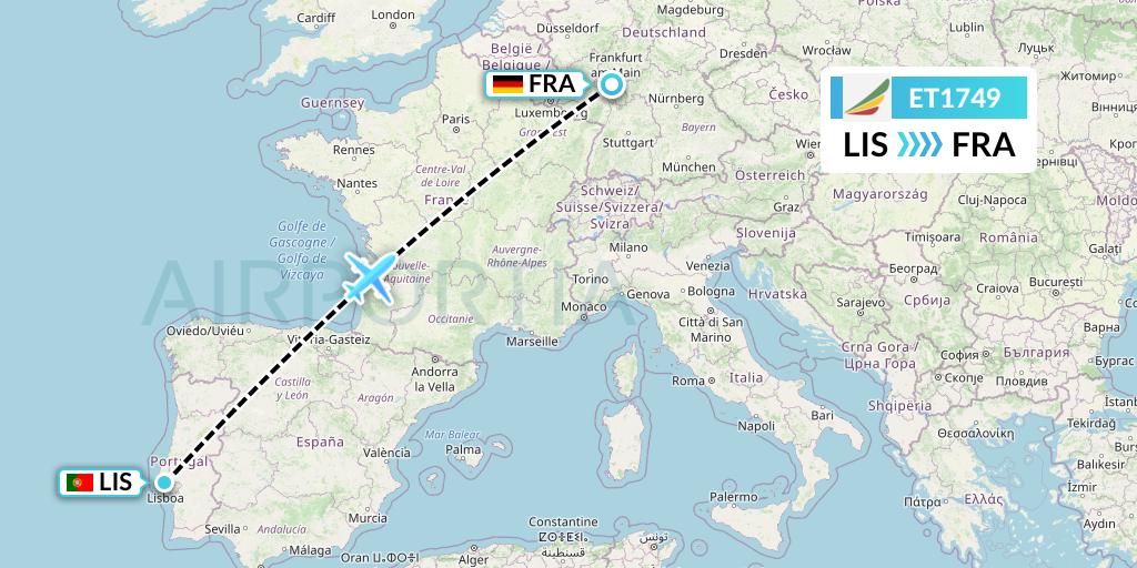 ET1749 Ethiopian Airlines Flight Map: Lisbon to Frankfurt