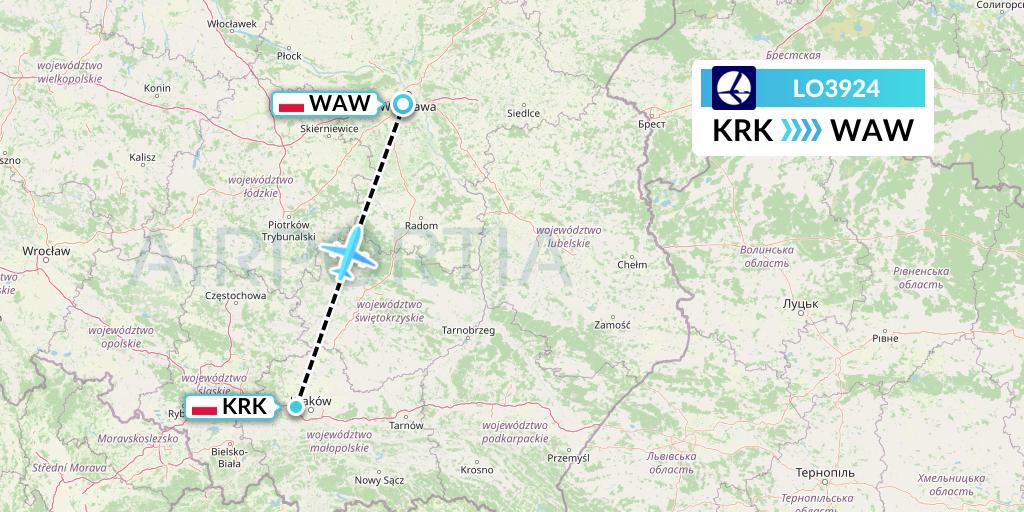 LO3924 LOT Flight Map: Krakow to Warsaw